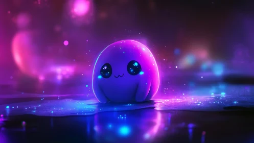 Glowing jelly creature rests on neon reflective surface