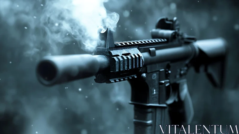 Suppressed tactical rifle muzzle emitting smoke in shallow depth of field