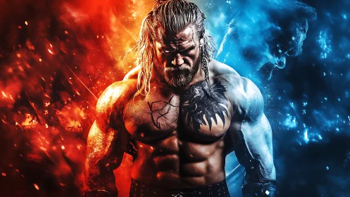 Powerful warrior split between fire and ice energy forces.