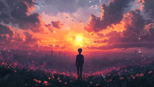 Digital painting skyline vista with silhouetted figure at sunset.