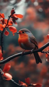 European robin on branch amid orange foliage in focus.