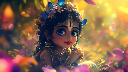 Gentle child with flute glows amid dreamy forest light