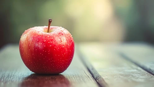 Photorealistic red apple still life on rustic wood table.