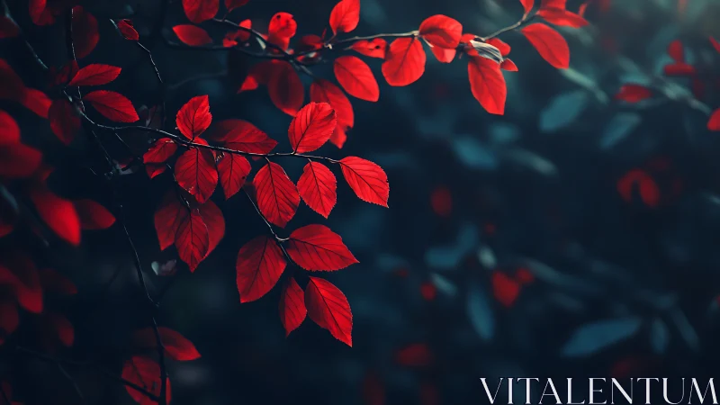 Red leaves on dark background in soft focused light.