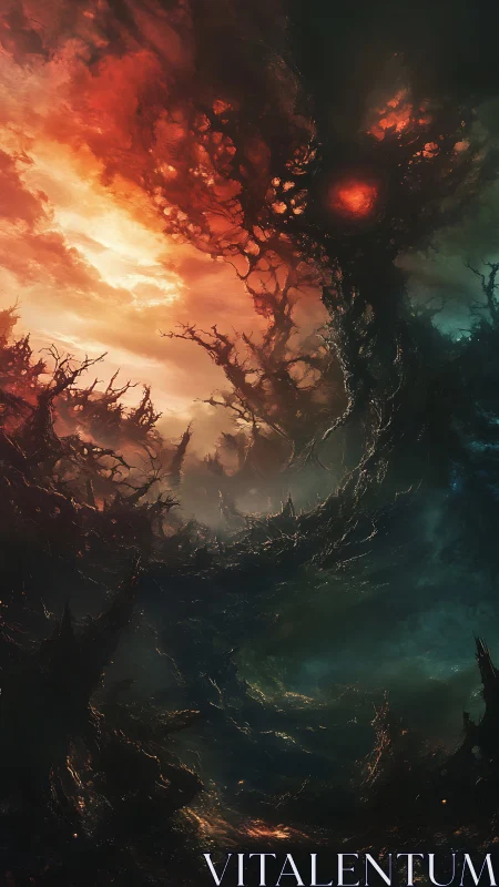 Cosmic void entity rises amid incendiary nebular sky