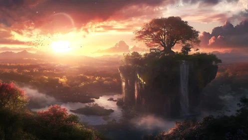 Floating cliff garden overlooks luminous sunset valley