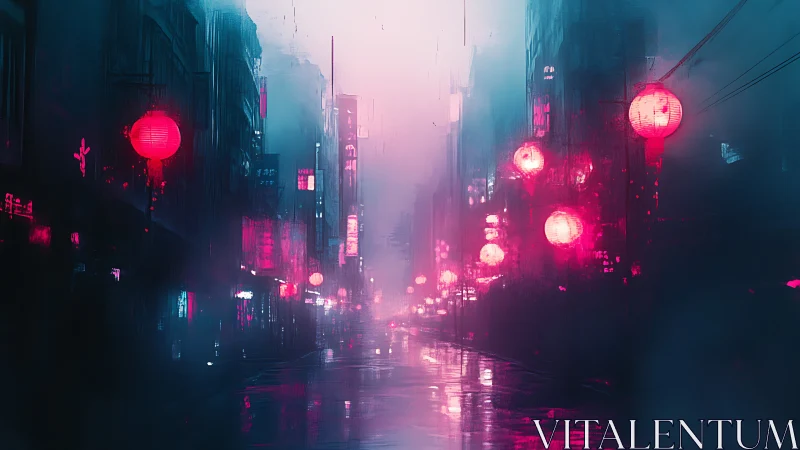 Neon lit urban street is rendered with symmetrical vanishing point
