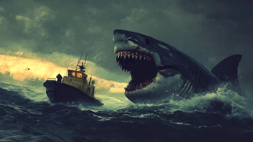Giant shark emerges beside tugboat in stormy ocean