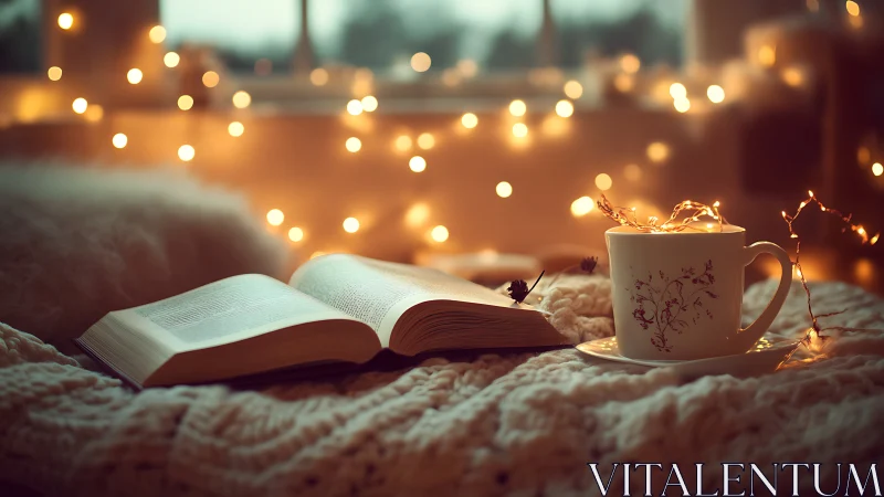 Open book and teacup glow in shallow-focus bokeh lighting