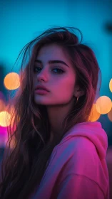 Neon twilight cradles a soft-gazed dreamer in glowing hush