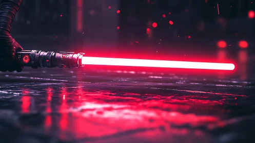 Red energy sword held over wet reflective floor surface.