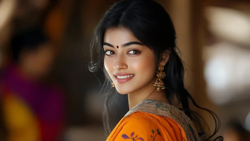 Portrait of woman in orange traditional attire indoors.