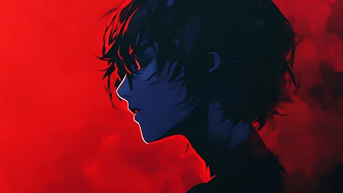 Midnight silhouette boy carved from electric crimson dusk.