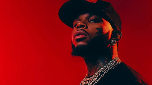 Side-lit portrait of man in cap against uniform red backdrop