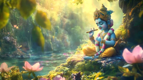 Blue-skinned child deity plays flute beside luminous stream