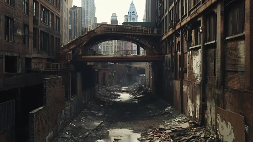 Photorealistic abandoned urban canal with elevated brick bridge.