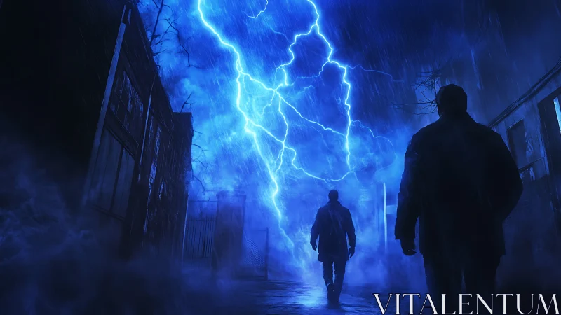 Men confront electric storm corridor under neon blue sky.