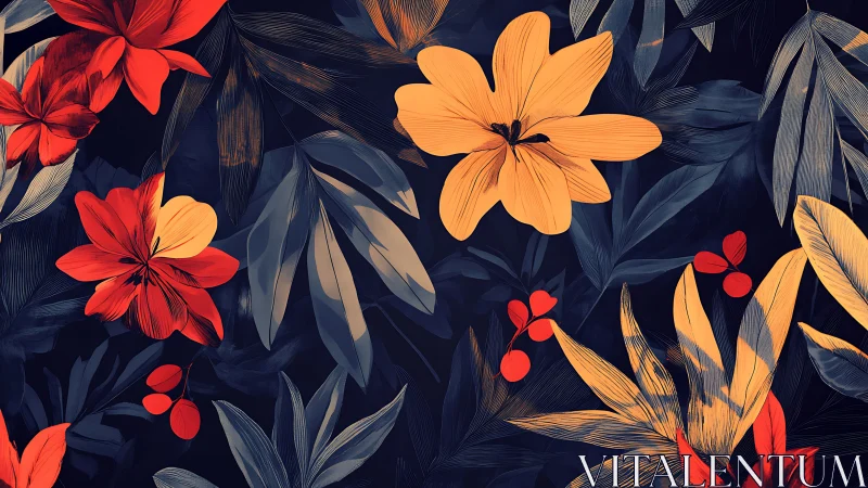 Vibrant Botanical Blooms Against Deep Navy Backdrop.