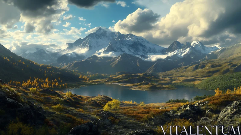 High-altitude alpine lake with snowcapped massif under dynamic clouds