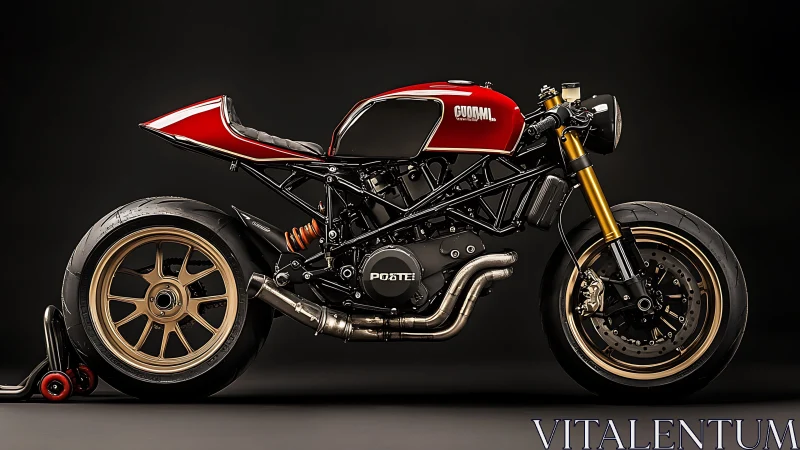 Crimson cafe racer motorcycle basking in studio spotlight.