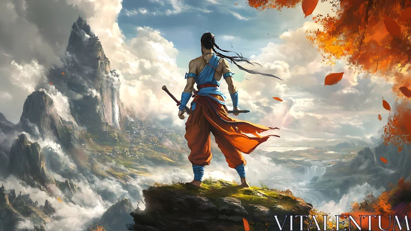 Lone warrior gazing across misty mountains and bright skies.