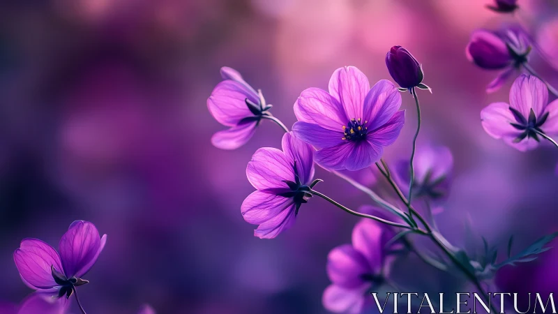 Cosmos Flowers with Selective Focus Rendering and Luminous Purple Gradient.