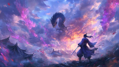 Samurai faces blazing sky dragon over burning temple grounds.