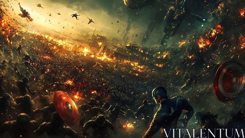 Heroic warrior surveys apocalyptic battlefield in flames.