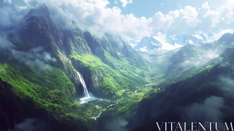 Digital landscape render shows steep valley with waterfall