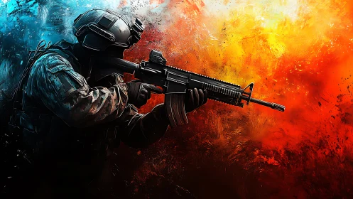 Tactical rifle operator amid bicolor combustion field backdrop.
