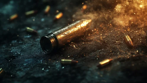 Glowing bullet casing rests in smoke and scattered rounds.