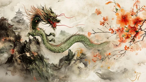 Imperial jade dragon coils through mist and sakura blossoms.