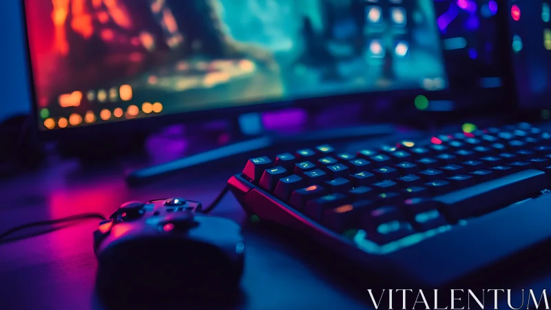 RGB-lit gaming desk glows around keyboard, mouse and monitor