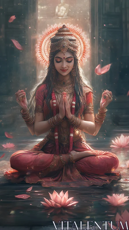 Digital painting of serene lotus goddess in radiant mandala halo.
