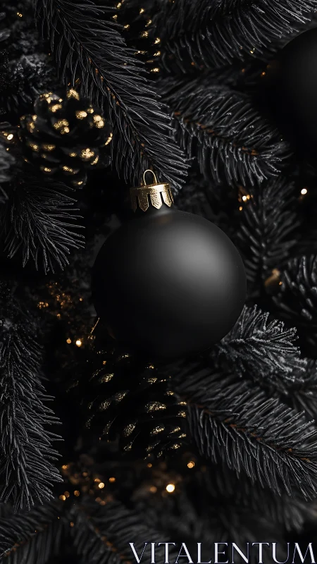 Black matte bauble on dark fir branches with gold accents.