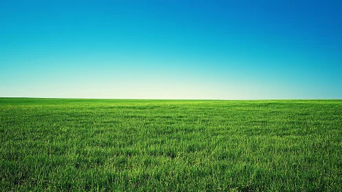 Endless green meadow stretches peacefully beneath blue sky