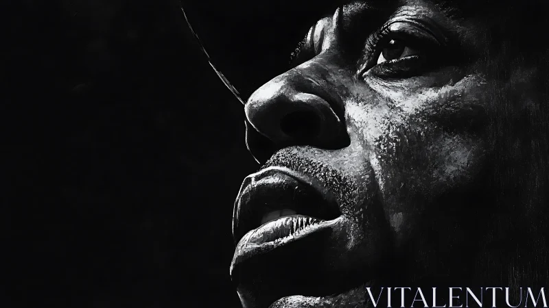 Monochrome portrait intensifies upward gaze in sharp relief.