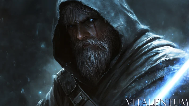 Hooded elder warrior holding luminous blue energy blade.