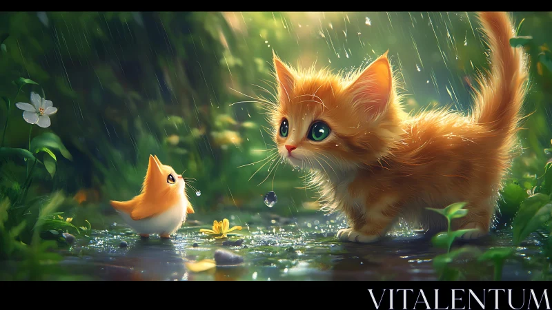 Golden kitten discovers songbird in rain-soaked garden meadow.