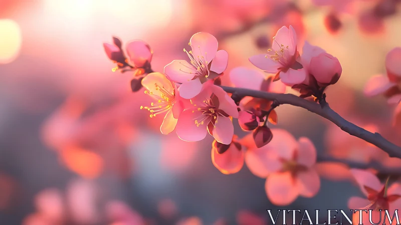 Soft pink blossoms in dreamy sunset bokeh glow.