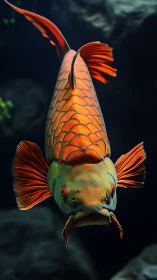 Vibrant orange koi fish glides through shadowed water.