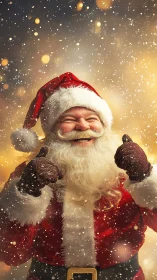 Smiling Santa Claus in snowfall on warm golden background.