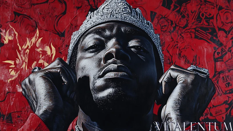 Crowned king of grit glows against blazing crimson storm.