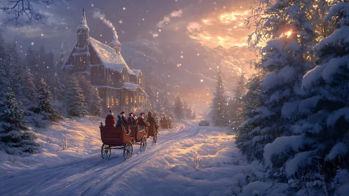 Snow-laden sleigh convoy approaching luminous alpine chapel.