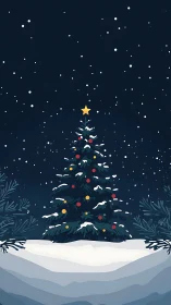 Snowy night Christmas tree with star and ornaments.