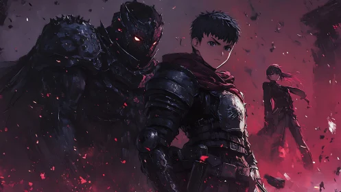 Courageous anime warriors stand strong in a fiery twilight.