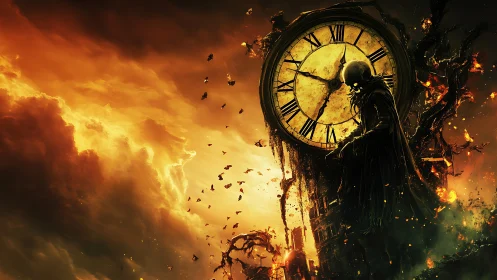 Hooded skeletal figure beside burning clock tower at dusk.