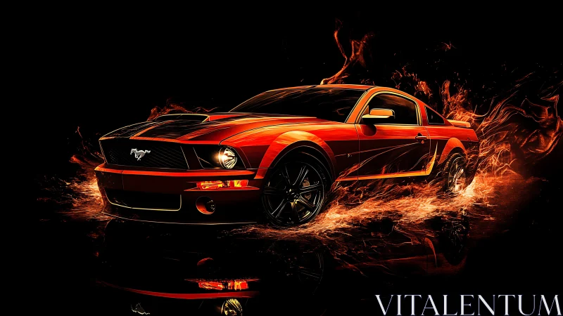Fiery red muscle car charges through abstract burning trails
