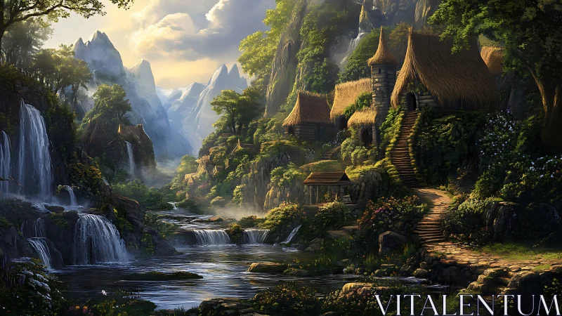 Storybook riverside village glowing in soft mountain light.