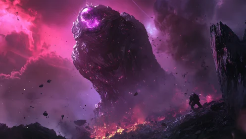Colossal crystalline void titan confronting armored explorer